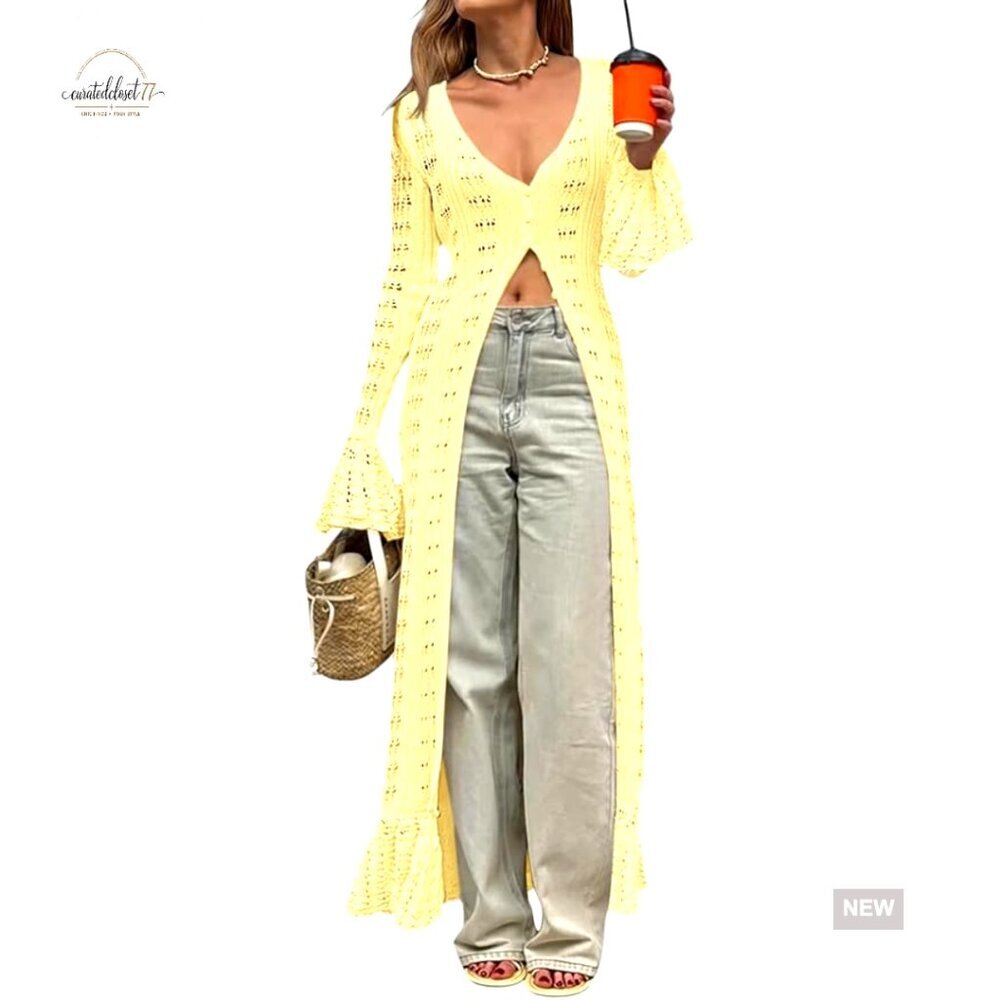 Long Sleeve Crochet Cardigan Duster Button Up Bell Sleeve Boho Beach Cover Up